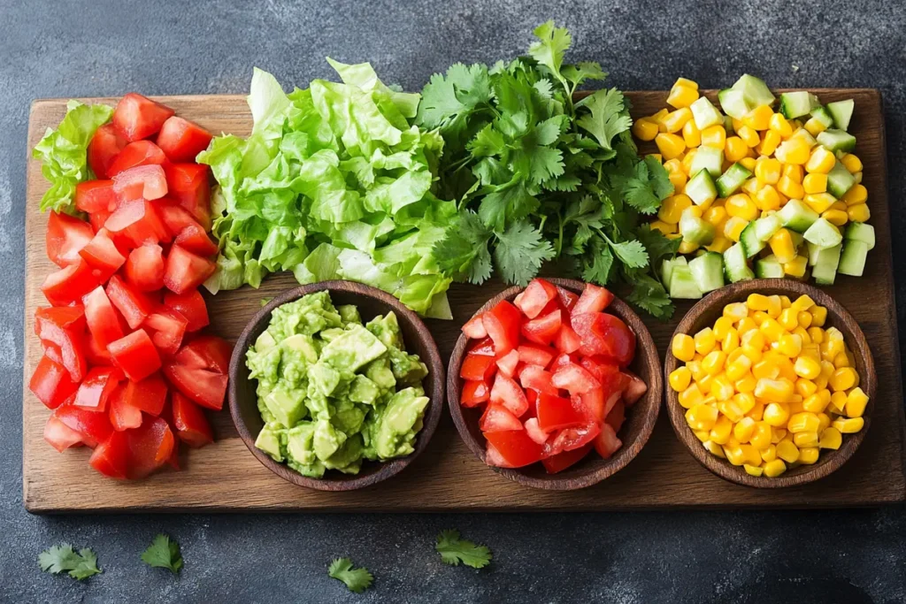 A colorful spread of fresh ingredients, including diced tomatoes, lettuce, guacamole, cilantro, and corn, arranged on a wooden board.