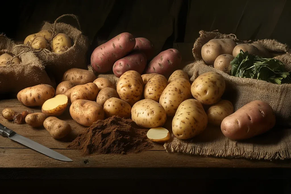 Why are my roast potatoes never crispy? A display of fresh potato varieties, including Russet, red, and Yukon Gold, on a rustic wooden table with burlap sacks and a knife.