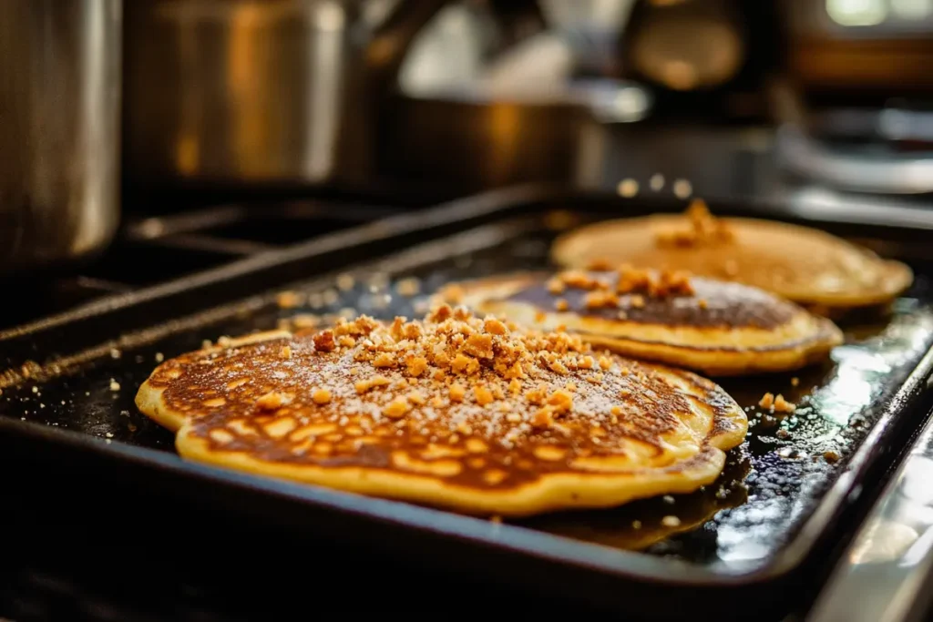 Pancakes cooking on a griddle with a crispy crust layer of crushed nuts, illustrating advanced techniques in How to Keep Pancakes Crispy?.