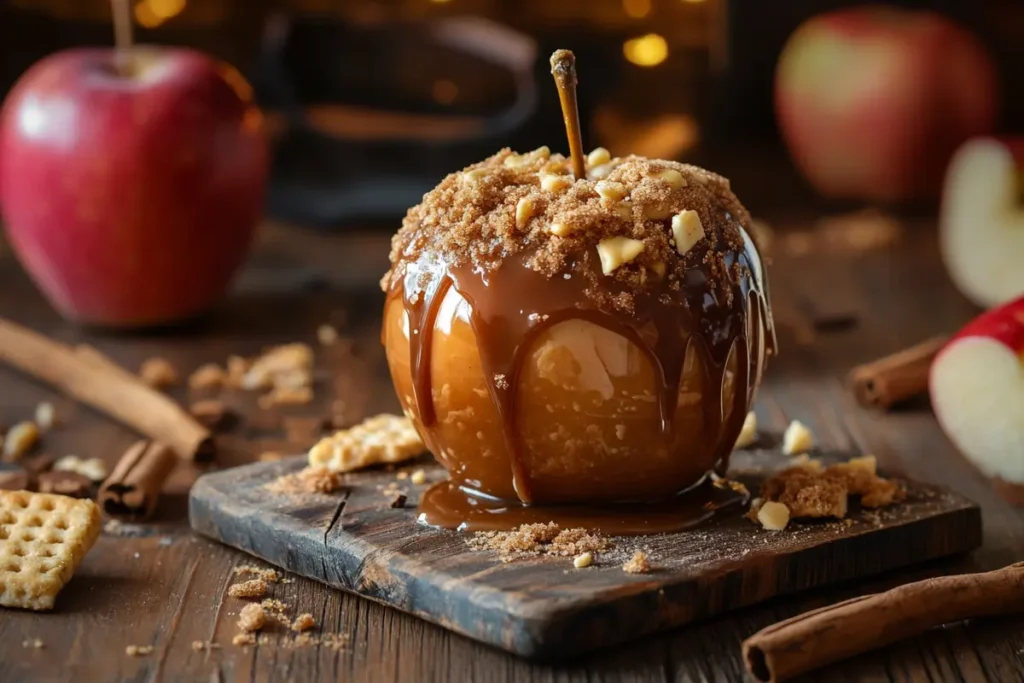 Apple Pie Caramel Apple on a rustic wooden board, coated in golden caramel, cinnamon sugar, and crushed graham crackers, surrounded by apples and cinnamon sticks.