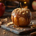 Apple Pie Caramel Apple on a rustic wooden board, coated in golden caramel, cinnamon sugar, and crushed graham crackers, surrounded by apples and cinnamon sticks.