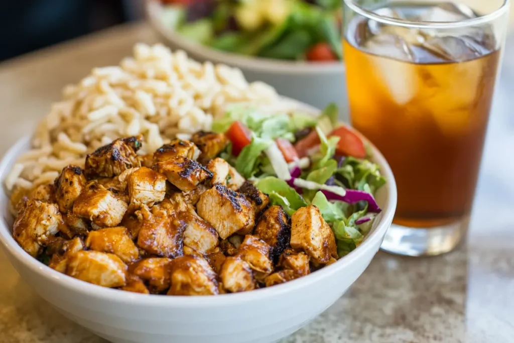 A close-up of a chipotle chicken fresh mex bowl with rice, grilled chicken, lettuce, tomatoes, and a glass of iced tea.