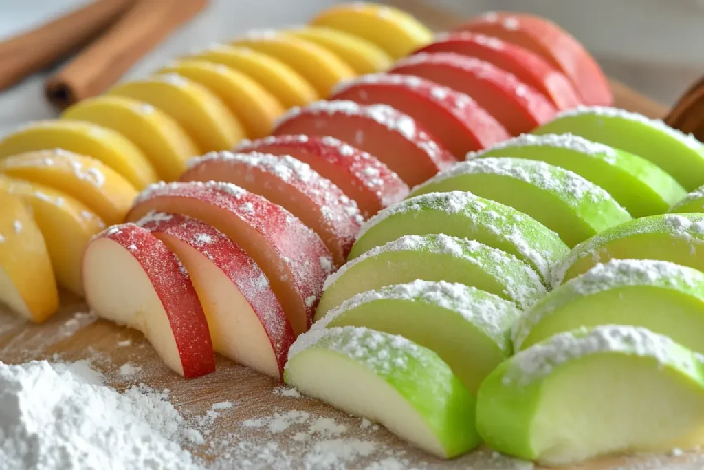 A close-up of apple slices with varying textures and colors, arranged on a cutting board with cinnamon and flour nearby, highlighting which apple is best for apple pie.