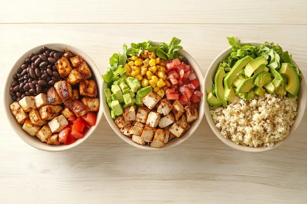 Three variations of a chipotle chicken fresh mex bowl: traditional, vegetarian, and low-carb