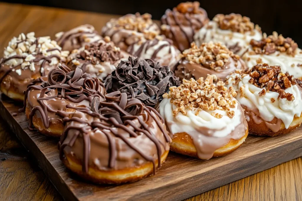 Assorted chocolate frosted donuts topped with chocolate curls, crushed nuts, and drizzles of chocolate and white frosting on a wooden board.