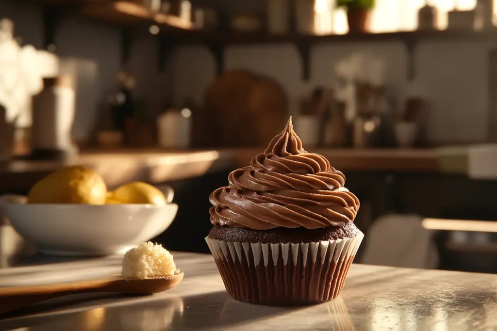 A chocolate cupcake topped with a swirl of creamy chocolate frosting, set on a kitchen counter with a warm, sunlit background.