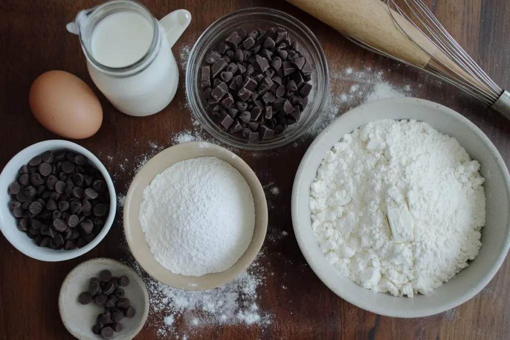 Ingredients for chocolate iced donuts, including flour, chocolate chips, powdered sugar, an egg, milk in a glass jar, and a whisk on a wooden countertop dusted with flour.