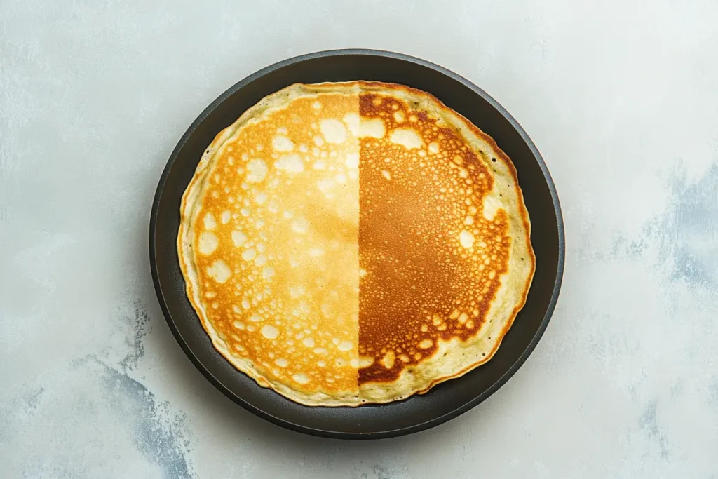 Side-by-side comparison of a pancake showing how to get crispy edges on your pancakes, highlighting golden edges versus lighter, softer areas.