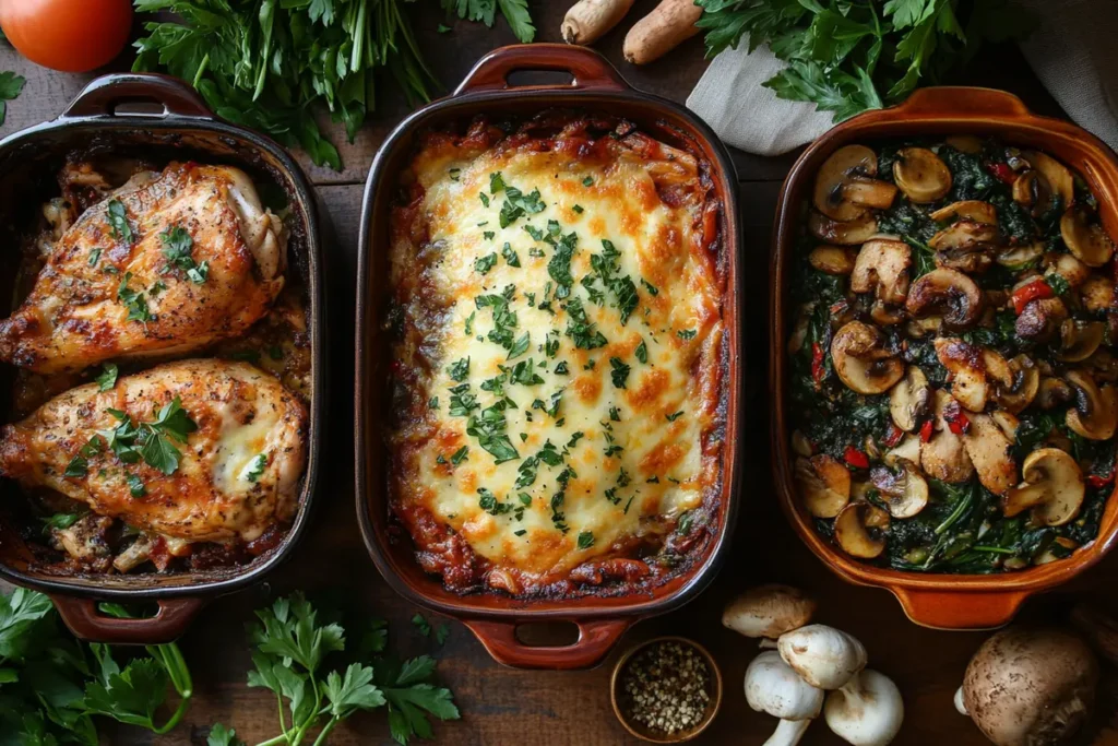 Three creative variations of forgotten chicken displayed in rustic baking dishes: cheesy baked chicken with golden topping, spicy Cajun-seasoned chicken, and a savory casserole with sautéed mushrooms, spinach, and red peppers, garnished with fresh parsley on a wooden table.