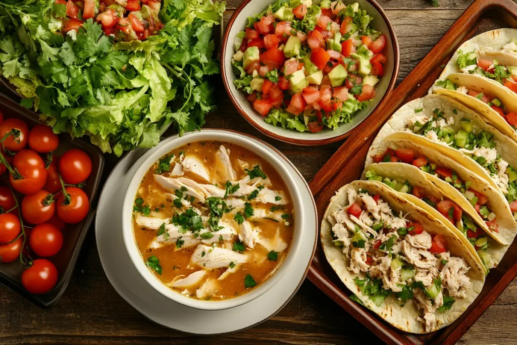 A variety of dishes made with leftover rotisserie chicken, including a bowl of chicken soup, chicken tacos, a fresh salad, and garnished vegetables like tomatoes and cilantro.