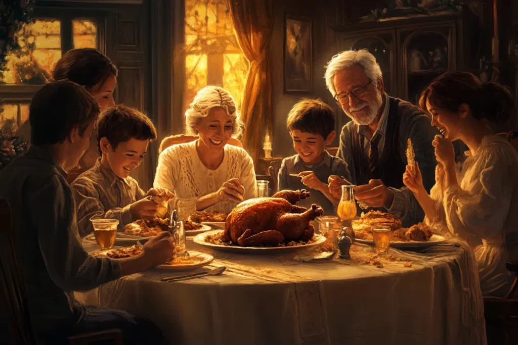 Multi-generational family gathered around a dinner table enjoying a hearty meal, evoking nostalgia and togetherness, highlighting the timeless appeal of why is it called forgotten chicken