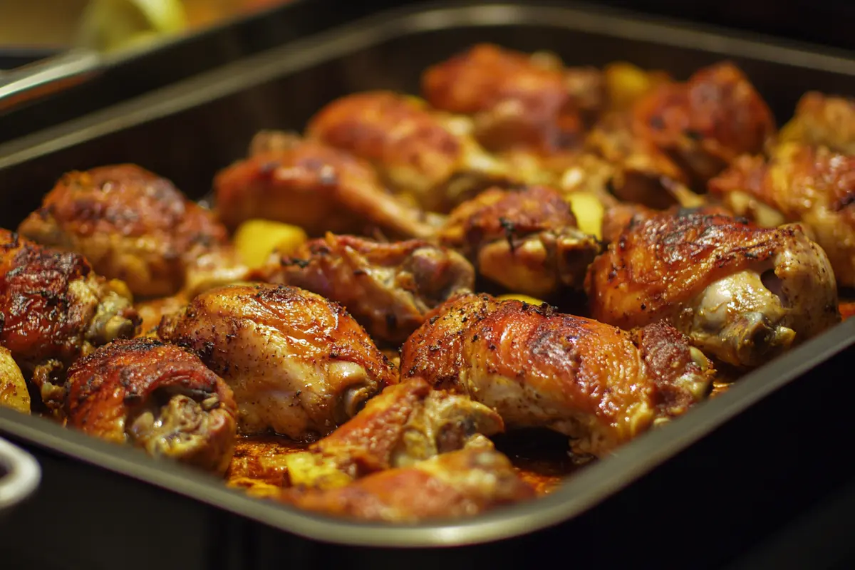 A close-up of baked rotisserie chicken pieces in a black roasting pan, showcasing crispy, golden-brown skin and juicy texture.