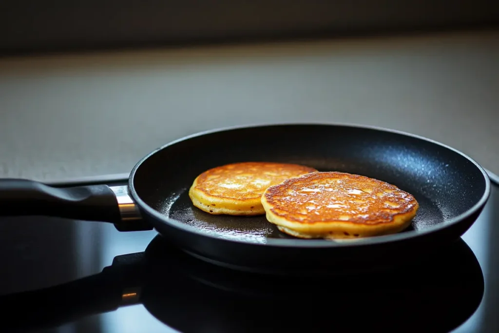 Two pancakes cooking evenly in a non-stick pan, demonstrating the importance of spacing to achieve How to Keep Pancakes Crispy?