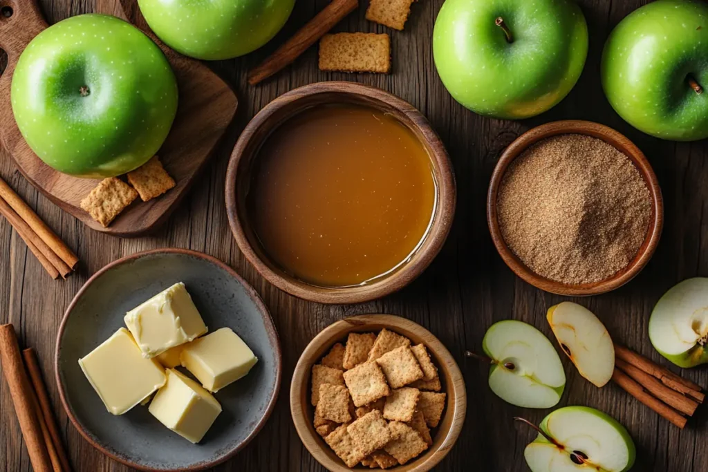 Essential ingredients for Apple Pie Caramel Apple, including green Granny Smith apples, a bowl of caramel sauce, cinnamon sugar, crushed graham crackers, butter, and sliced apples on a rustic wooden surface.