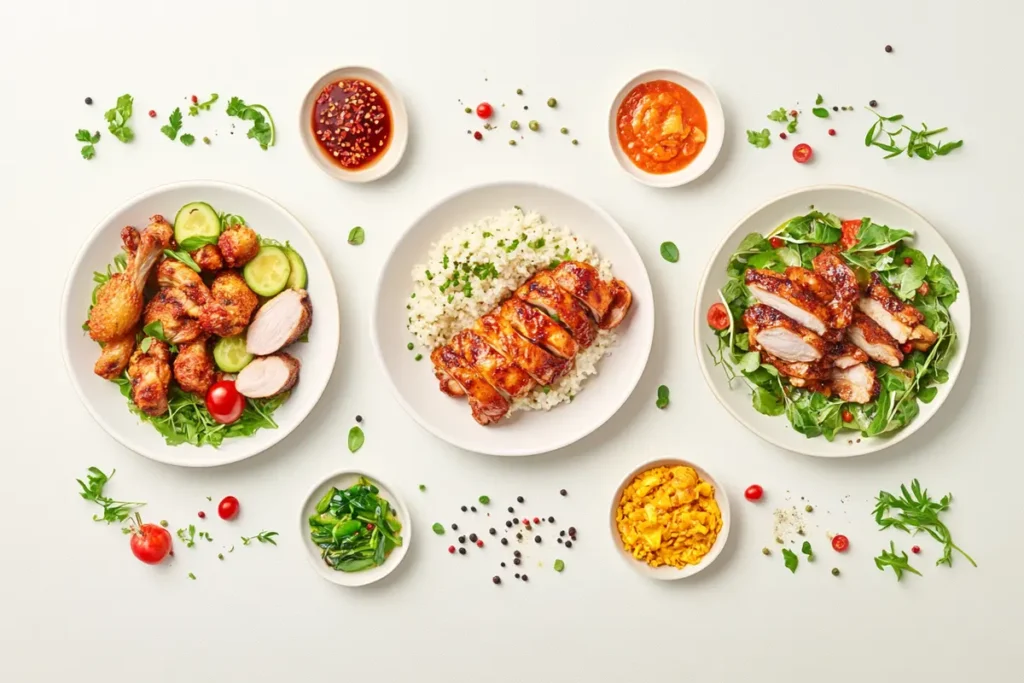 Assorted chicken dishes with sides of rice, vegetables, and sauces, showcasing variety and simplicity, while exploring the question: why is it called forgotten chicken?