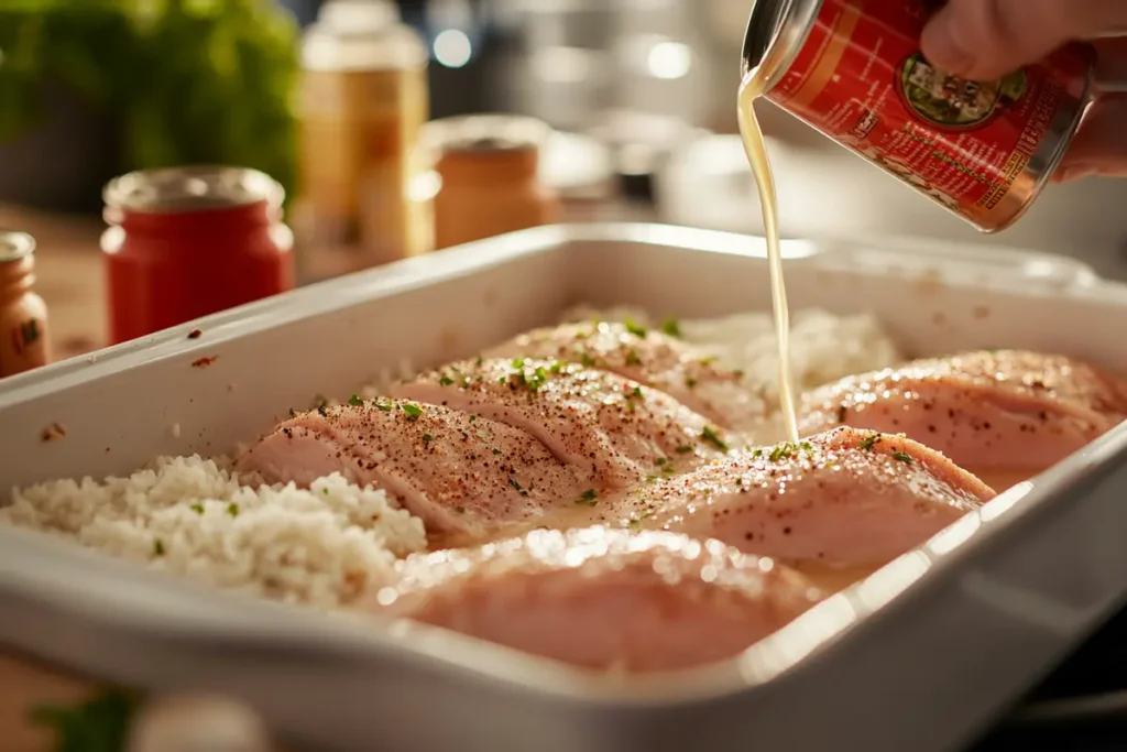 Close-up of seasoned chicken breasts with rice in a casserole dish, broth being poured over, showcasing the preparation process of a nostalgic dish, answering the question: why is it called forgotten chicken?