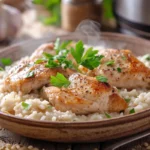 Freshly cooked forgotten chicken served over creamy rice, garnished with parsley on a rustic brown plate, with steam rising in a cozy kitchen setting.