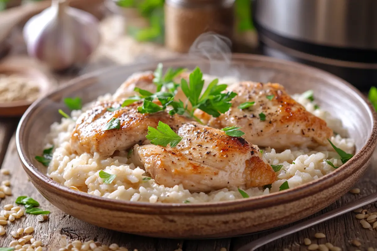 Freshly cooked forgotten chicken served over creamy rice, garnished with parsley on a rustic brown plate, with steam rising in a cozy kitchen setting.