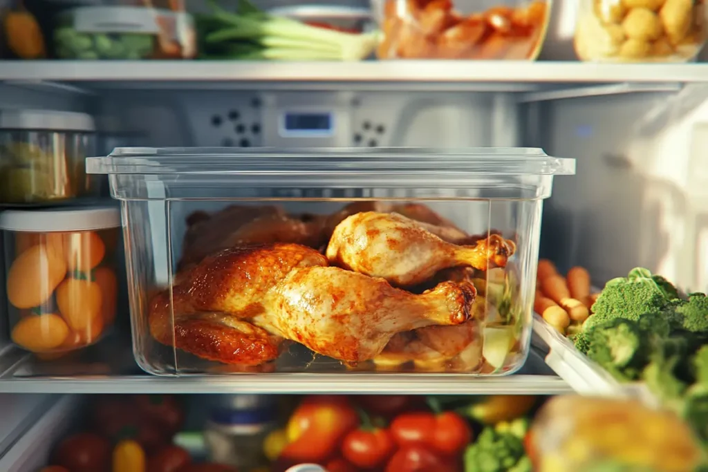 Rotisserie chicken stored in a sealed airtight container inside a refrigerator, surrounded by fresh vegetables and other food items.