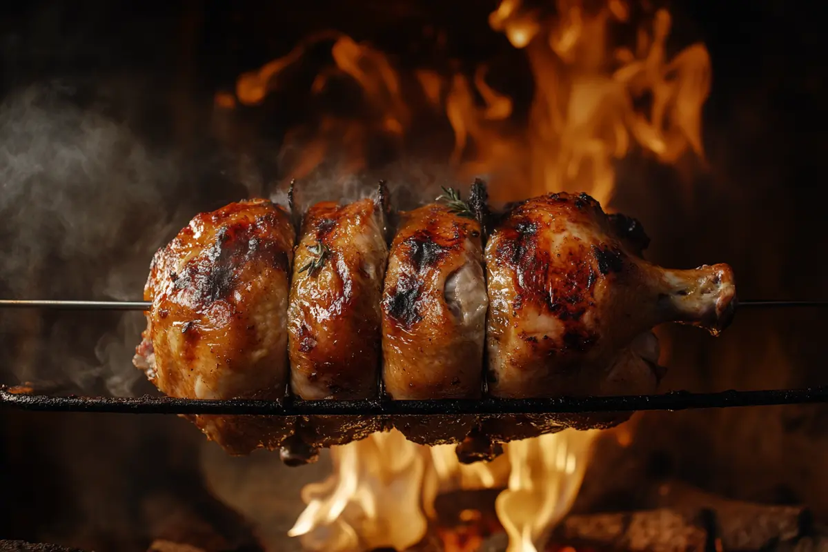 Golden rotisserie chickens cooking over an open flame with smoke rising, showcasing crispy, roasted skin and juicy meat.