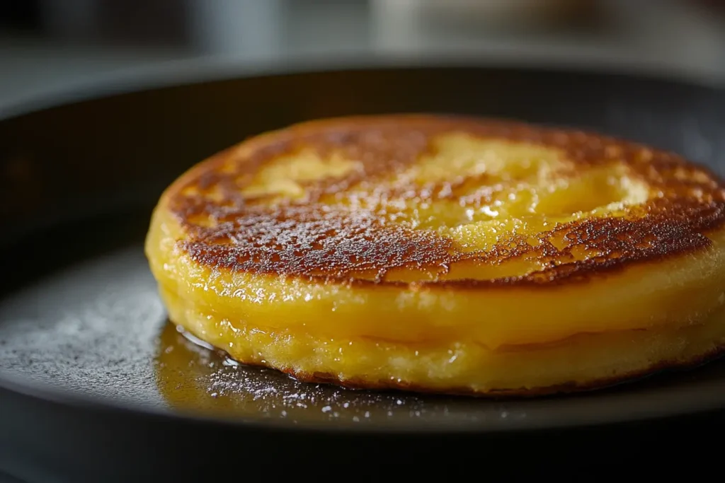 Close-up of a golden pancake with crispy edges, showcasing how to get crispy edges on your pancakes while cooking in a skillet.