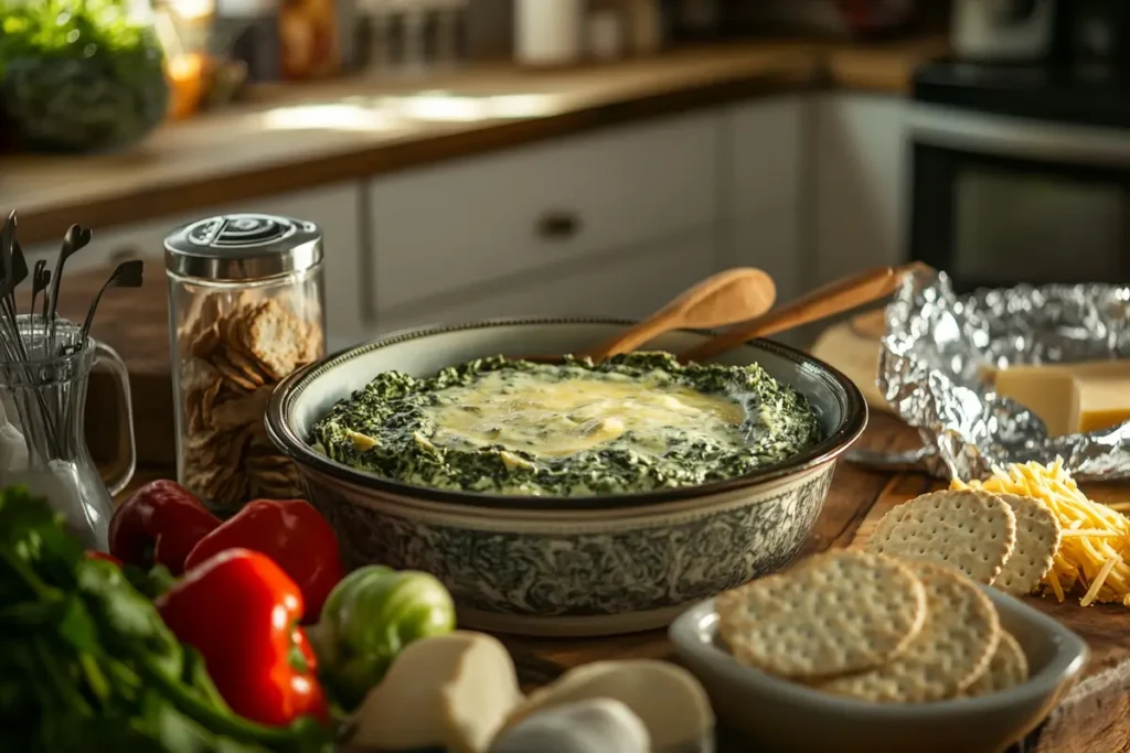 Spinach artichoke dip in a patterned ceramic bowl, surrounded by preparation items like shredded cheese, crackers, aluminum foil, and fresh vegetables in a warm, rustic kitchen setting.