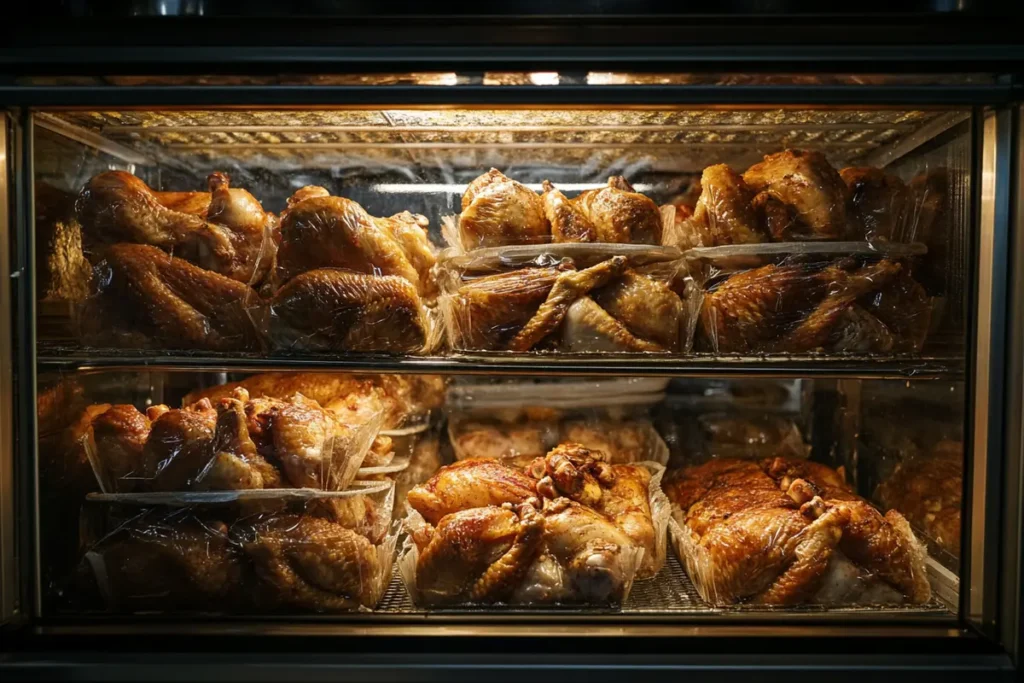 How long is leftover rotisserie chicken good in the fridge? Rows of freshly cooked rotisserie chickens wrapped in plastic, displayed in a heated glass case, with a golden-brown roasted finish, ready for purchase in a store.