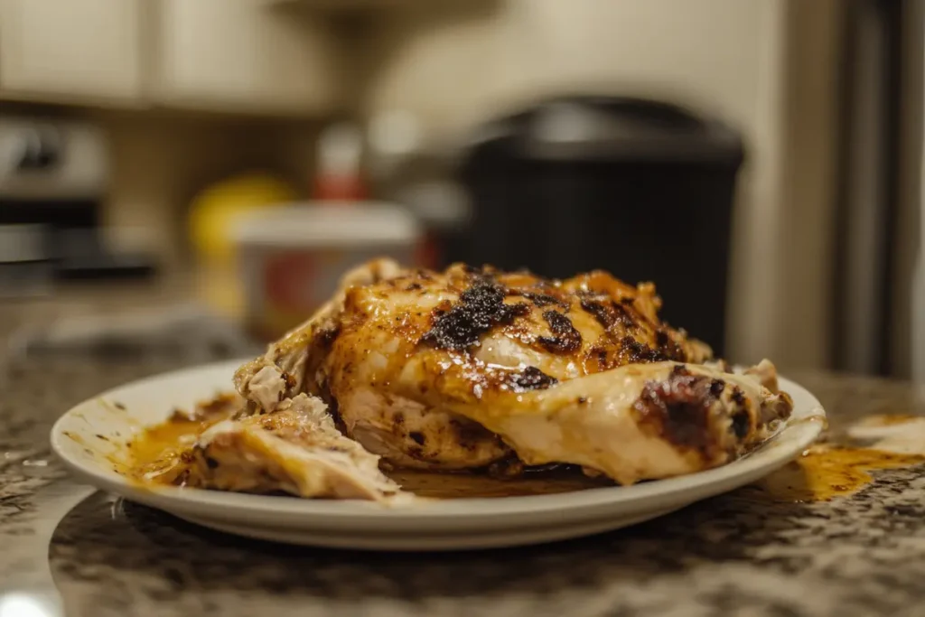 A partially eaten rotisserie chicken placed on a white plate, showing charred and golden-brown skin, with visible juices on the plate, on a kitchen counter.