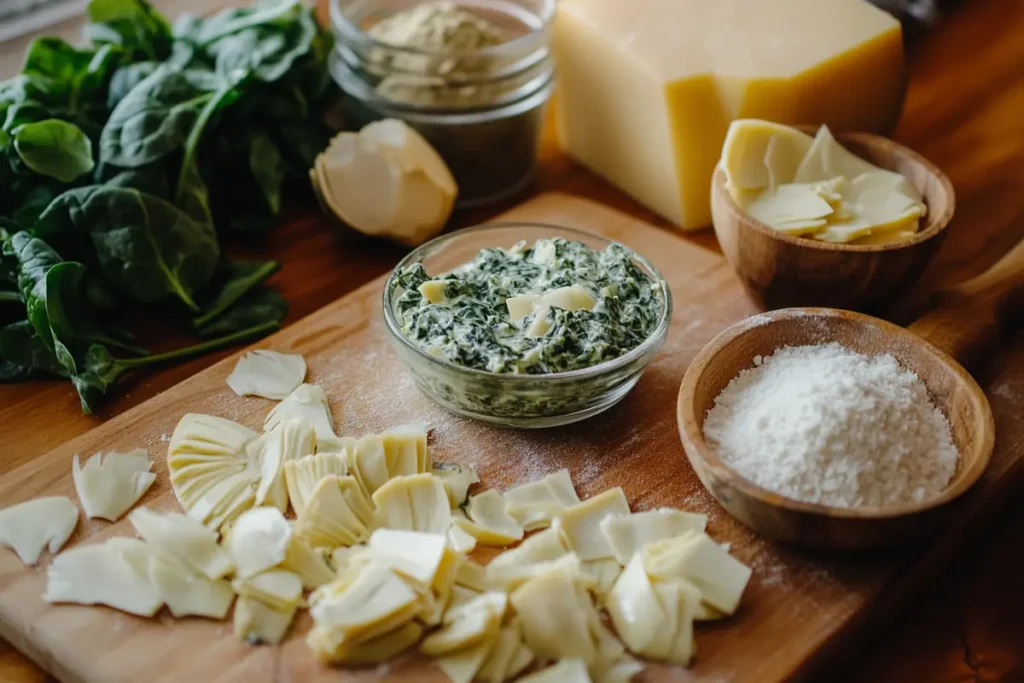 Fresh ingredients for Knorr Spinach Artichoke Dip, including chopped artichokes, spinach, cheese, and cream, displayed on a wooden cutting board.