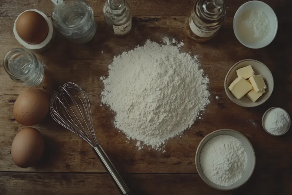 Ingredients for how to get crispy edges on your pancakes, including flour, eggs, butter, and whisk, arranged on a rustic wooden table.