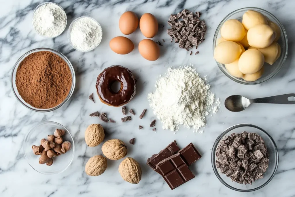 Ingredients for making chocolate frosted donuts, including flour, eggs, cocoa powder, chocolate chunks, walnuts, butter, and a glazed donut on a marble surface.