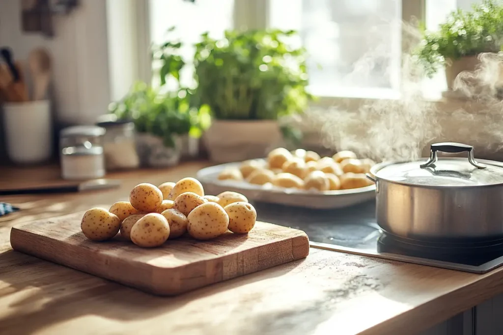 Fresh potatoes on a wooden cutting board with a steaming pot and a tray of potatoes in a well-lit kitchen featuring green plants.