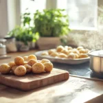 Fresh potatoes on a wooden cutting board with a steaming pot and a tray of potatoes in a well-lit kitchen featuring green plants.