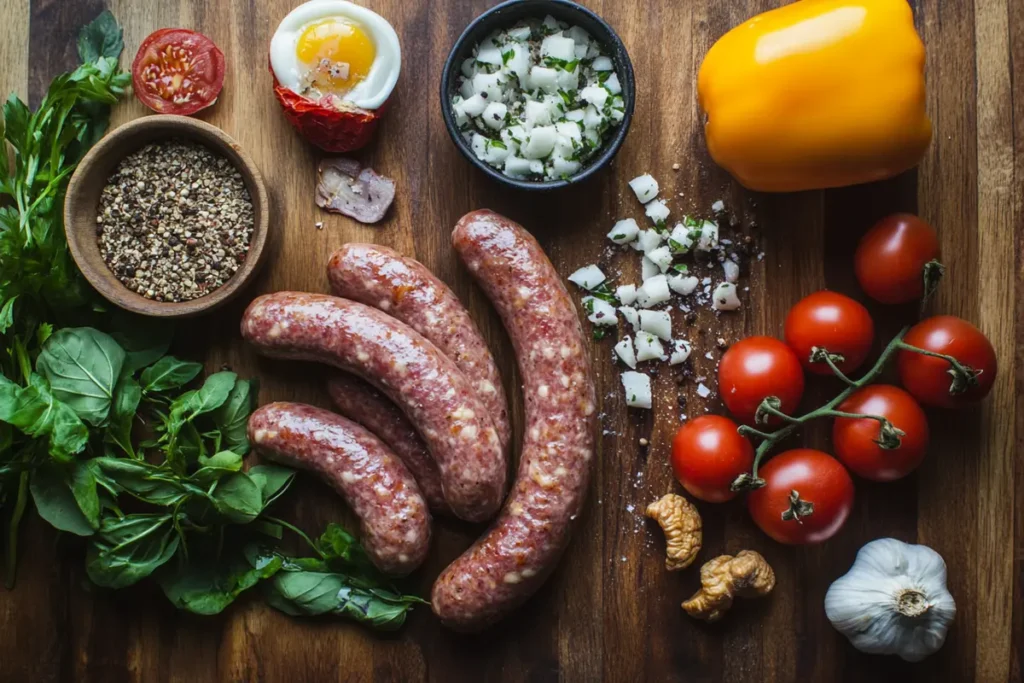 What Makes Breakfast Sausage Different from Regular Sausage? A Comprehensive Guide - A display of raw sausages, fresh herbs, tomatoes, spices, and vegetables on a wooden board.