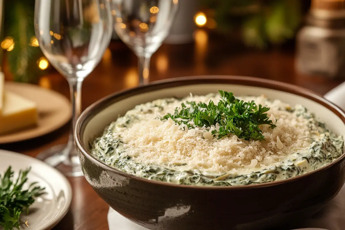 Knorr Spinach Artichoke Dip garnished with parsley and Parmesan cheese in a brown serving bowl on a festive dining table.