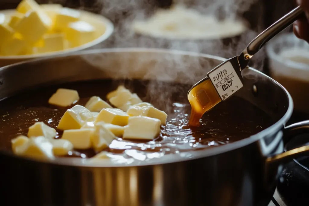 Making caramel for which apples are best for caramel apples, with butter melting in a saucepan and a candy thermometer in use.