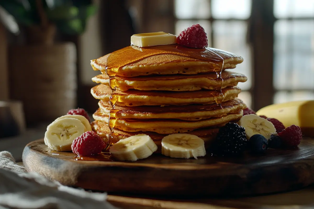 A stack of pancakes with crispy edges, demonstrating how to get crispy edges on your pancakes, topped with butter, syrup, and fresh fruit.