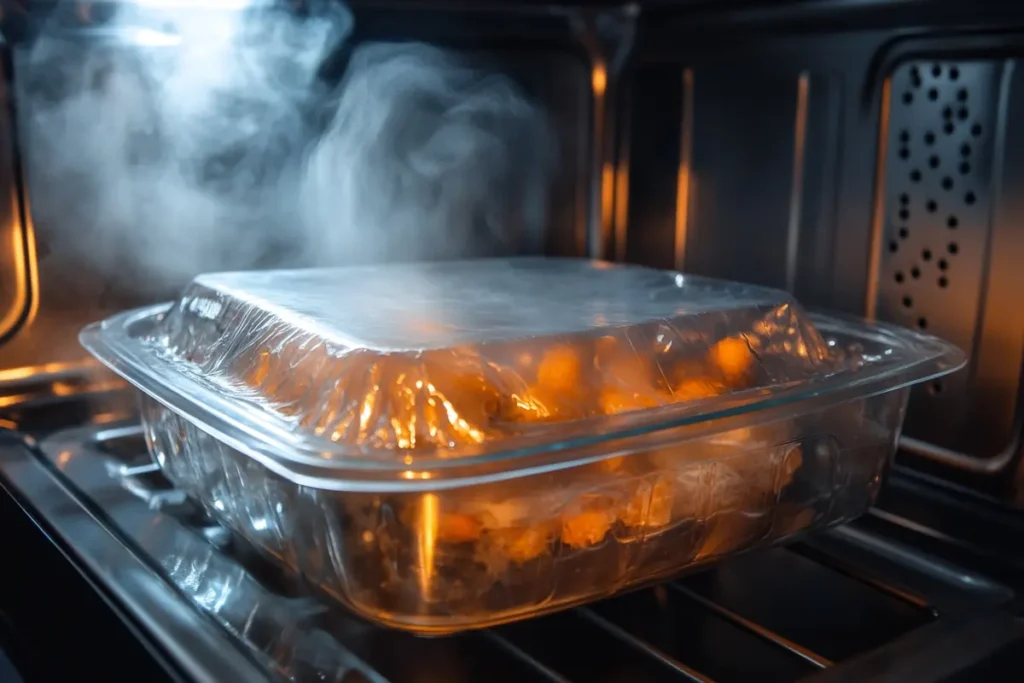 Glass dish covered with vented plastic wrap, heating spinach artichoke dip in an oven, with steam rising and warm lighting highlighting the process.