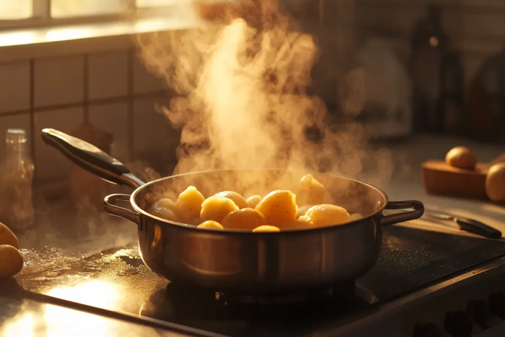 Is it better to boil potatoes before roasting? A steaming pot of potatoes boiling on a stove, illuminated by warm sunlight in a cozy kitchen.