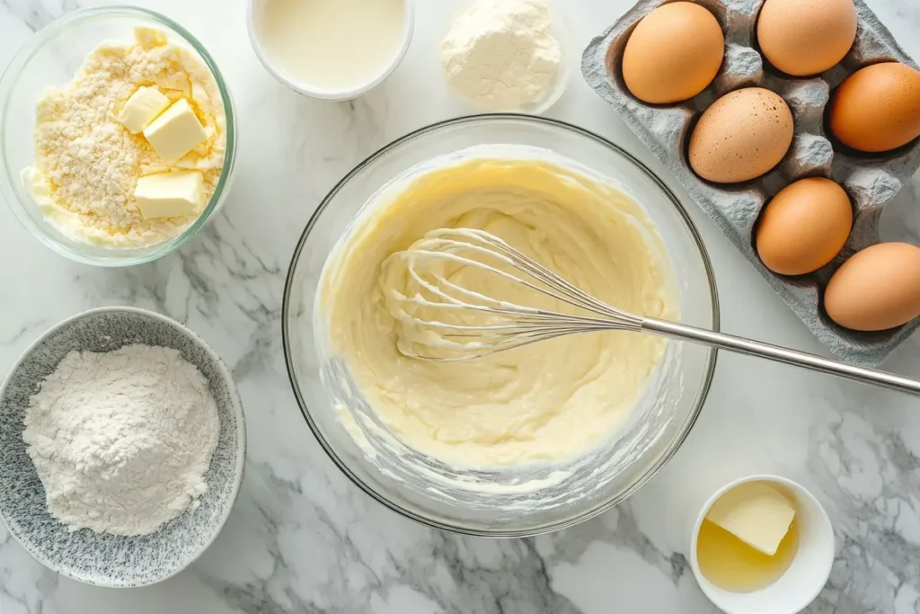 A bowl of pancake batter with a whisk, surrounded by fresh ingredients like eggs, flour, butter, and milk, illustrating How to Keep Pancakes Crispy?, arranged on a marble countertop.