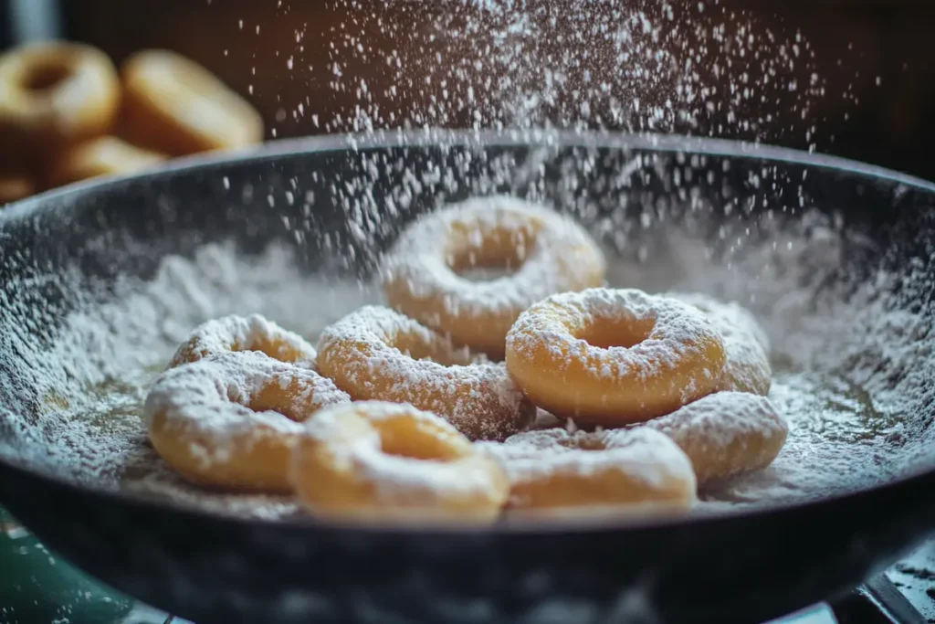 Freshly fried donuts being dusted with powdered sugar in a frying pan, creating a light and sweet coating.