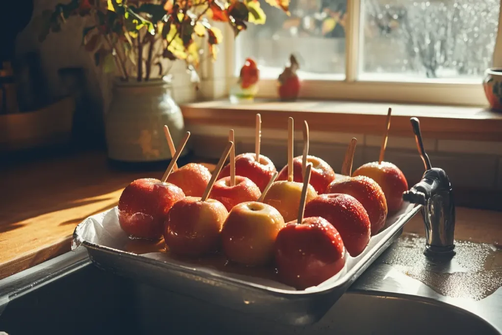 Preparing which apples are best for caramel apples, freshly washed and ready for coating in a cozy kitchen setting.