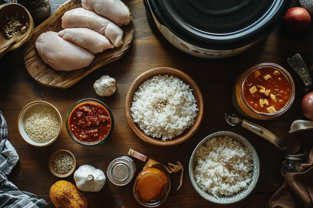 Overhead view of fresh ingredients for forgotten chicken, including raw chicken breasts, uncooked rice, tomato-based sauces, garlic, and spices, arranged on a rustic wooden table with a slow cooker in the background.