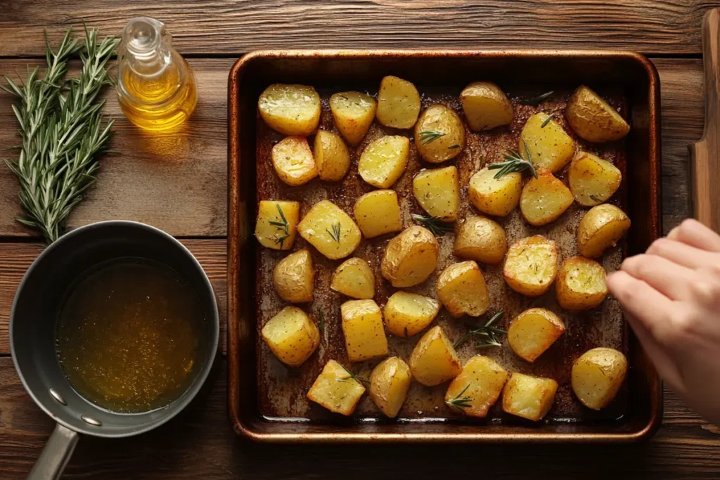 A baking tray filled with evenly spaced, golden potato chunks seasoned with fresh rosemary and olive oil, with a hand adding finishing touches.