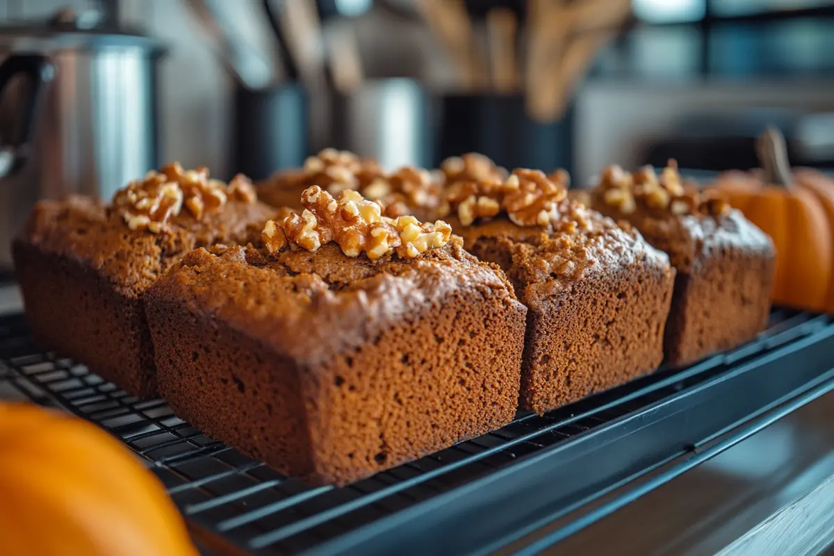 Freshly baked pumpkin bread mix loaves topped with crunchy walnuts cooling on a wire rack, with a blurred kitchen background and small pumpkins adding a cozy autumn feel.