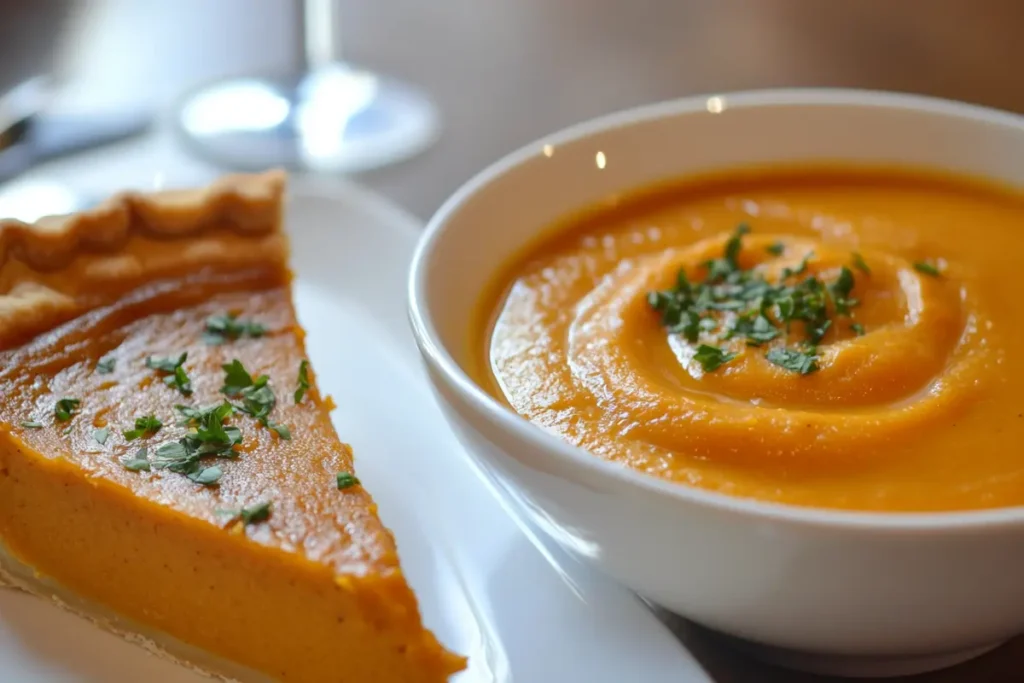 Is Pumpkin Mix and Pumpkin Puree The Same? 7 Essential Differences – A bowl of creamy pumpkin soup made from puree and a slice of pumpkin pie made with pumpkin mix, showcasing the distinct uses of each.