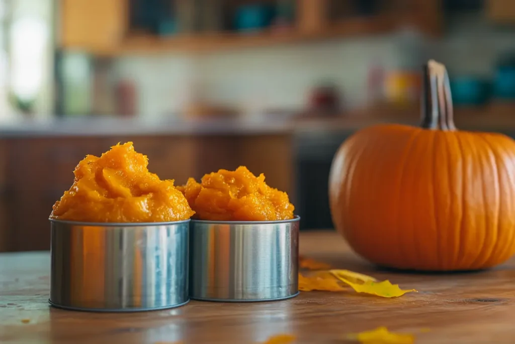 Is Pumpkin Mix and Pumpkin Puree The Same? 7 Essential Differences – Freshly scooped pumpkin puree displayed in metal cans, with a whole pumpkin and fall leaves in the background, creating a warm autumn kitchen setting.