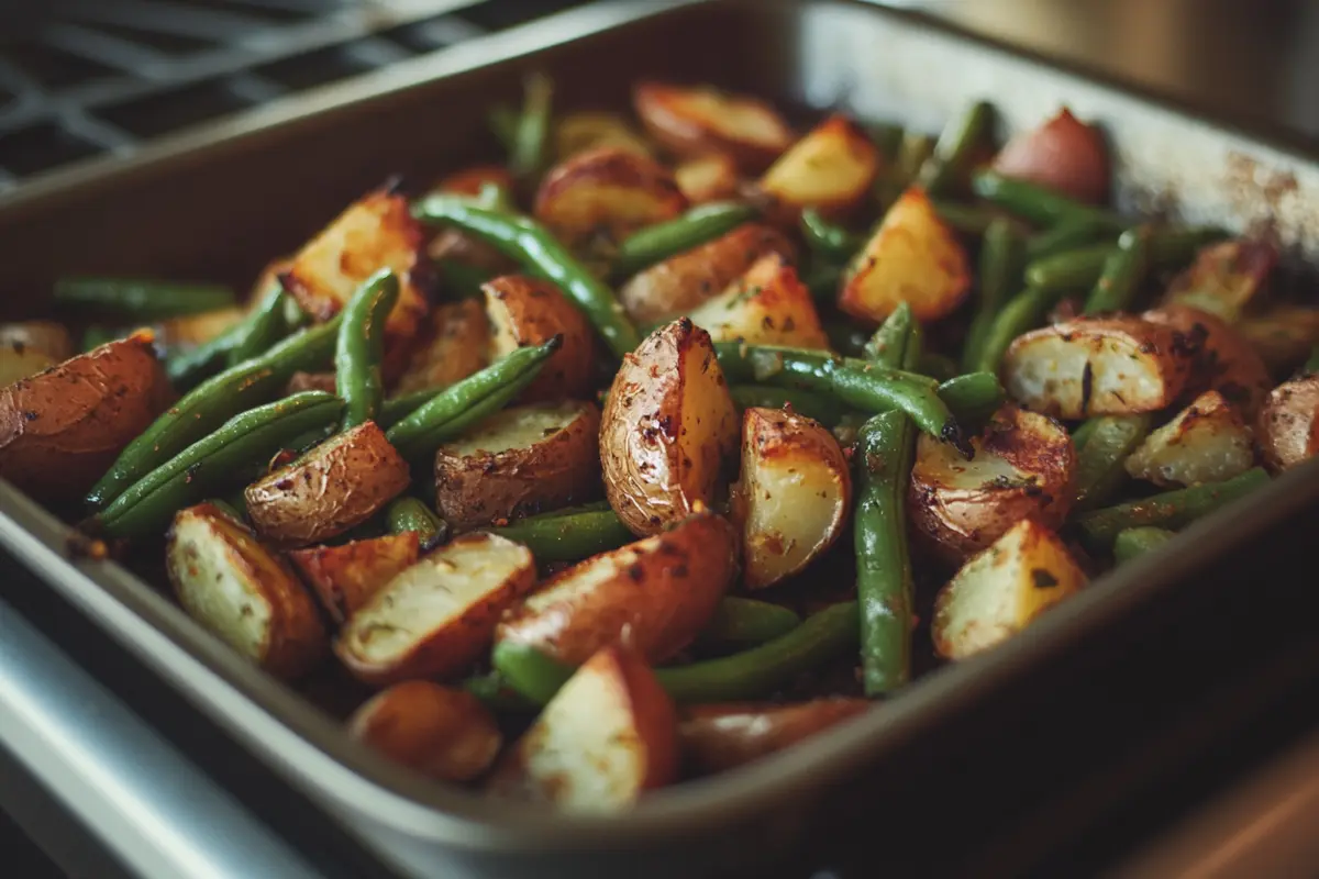 Golden roasted potatoes and green beans seasoned with herbs in a baking tray, fresh from the oven.