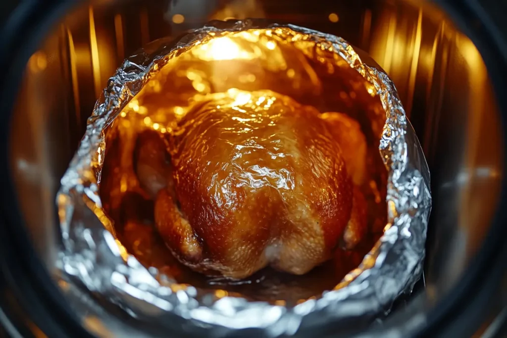 A whole chicken roasting in a pan covered with foil, emphasizing the benefits of retaining moisture and juiciness while exploring the topic of whether to roast chicken covered or uncovered.