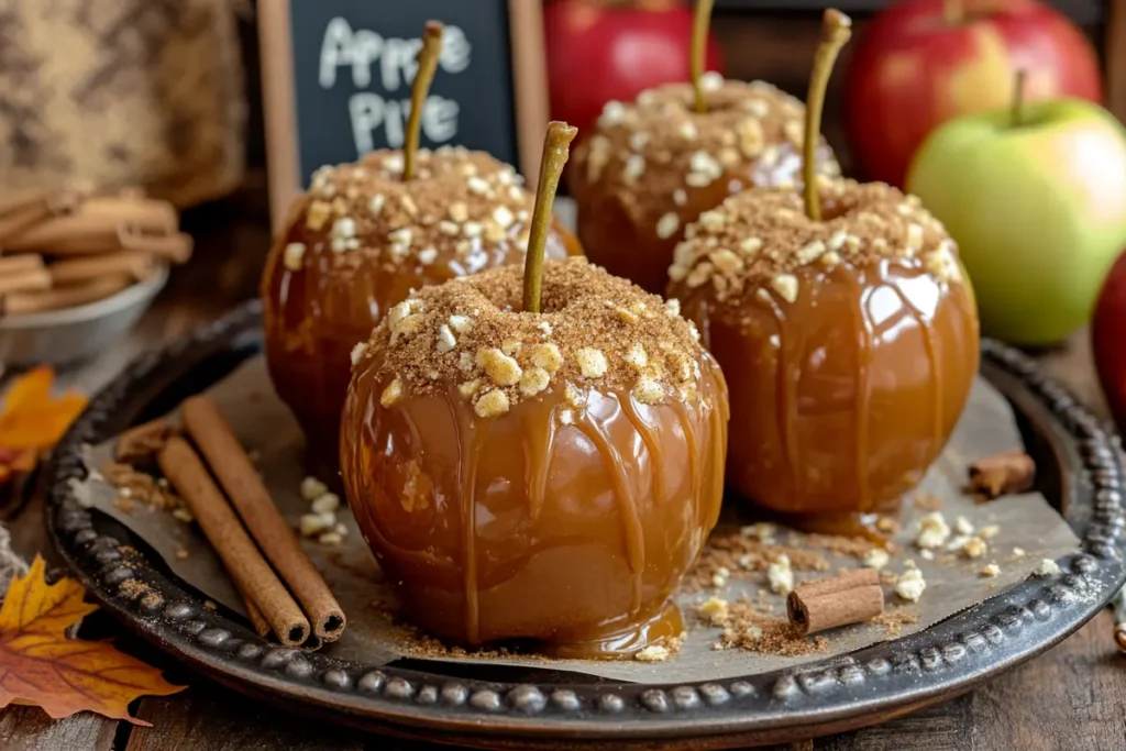 Serving platter with Apple Pie Caramel Apples topped with cinnamon sugar and crushed graham crackers, surrounded by cinnamon sticks and autumn decorations.